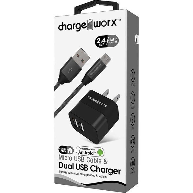 2.4A Dual USB Metal Wall Charger & Micro USB Cable, Black