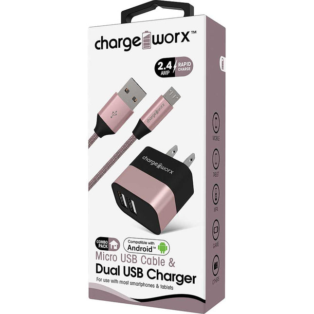 2.4A Dual USB Metal Wall Charger & Micro USB Cable, Rose Gold