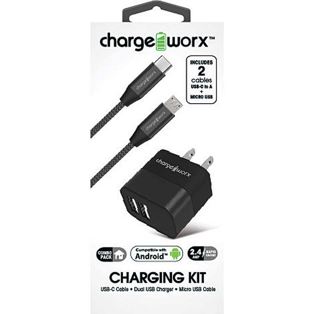 USB Wall Charger & USB-C and Micro USB Cables, Black