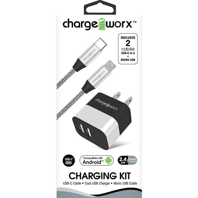 USB Wall Charger & USB-C and Micro USB Cables, Silver