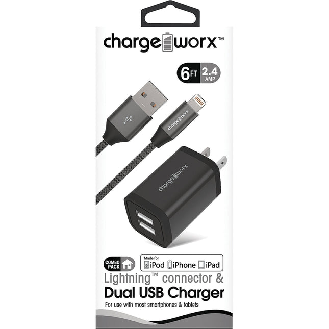 2.4A Dual USB Metal Wall Charger & 6ft Lightning Cable, Black