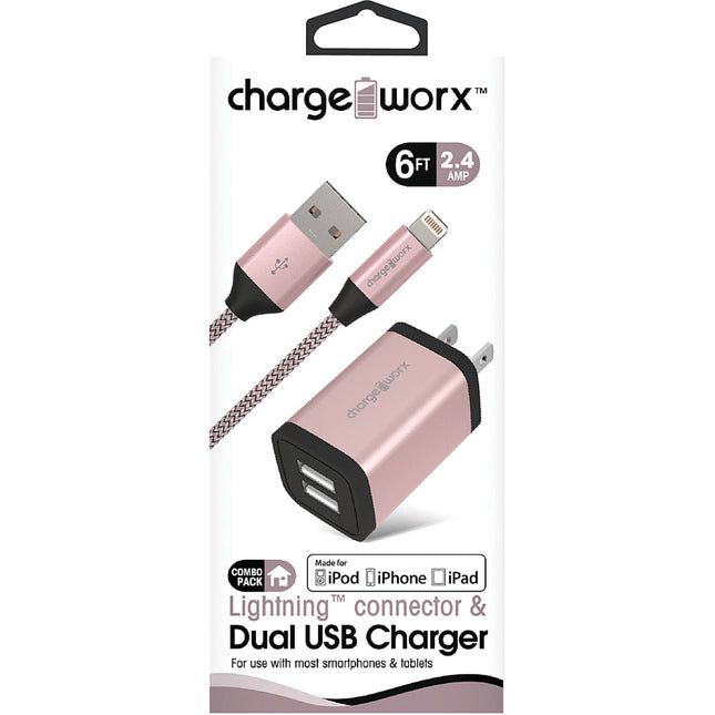 2.4A Dual USB Metal Wall Charger & 6ft Lightning Cable, Rose Gold