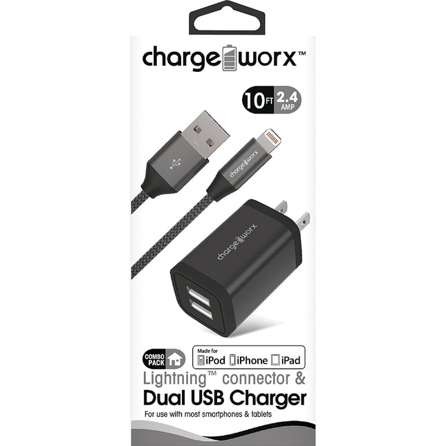 2.4A Dual USB Metal Wall Charger & 6ft Lightning Cable, Black