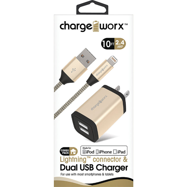 2.4A Dual USB Metal Wall Charger & 6ft Lightning Cable, Gold