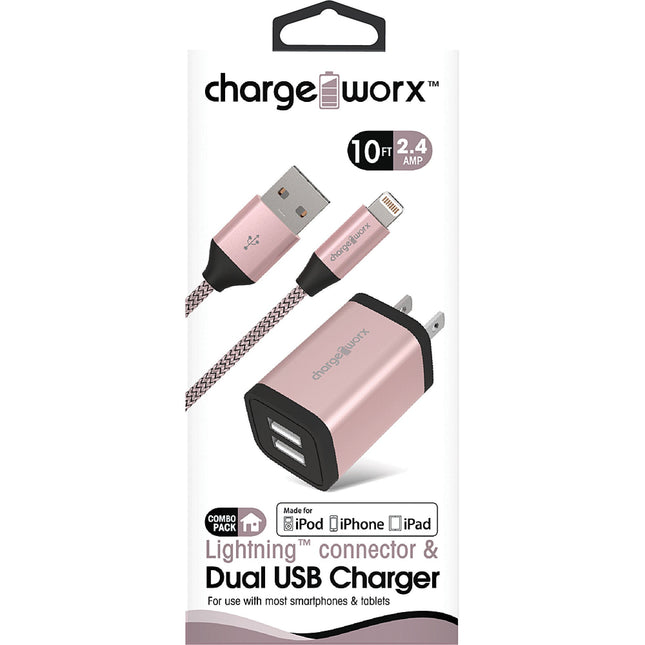 2.4A Dual USB Metal Wall Charger & 6ft Lightning Cable, Rose Gold