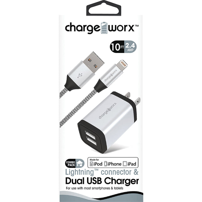 2.4A Dual USB Metal Wall Charger & 6ft Lightning Cable, Silver