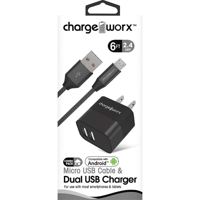 2.4A Dual USB Metal Wall Charger & 6ft Micro USB Cable, Black