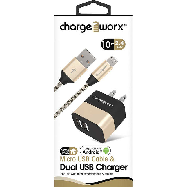 2.4A Dual USB Metal Wall Charger & 10ft Micro USB Cable, Gold