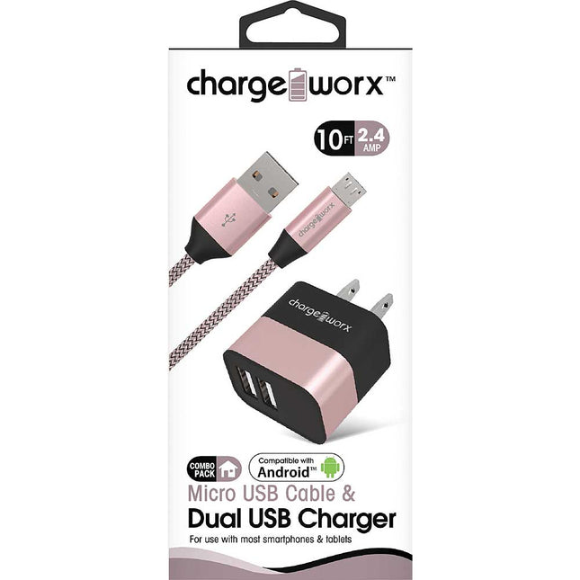 2.4A Dual USB Metal Wall Charger & 10ft Micro USB Cable, Rose Gold