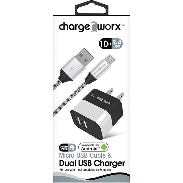 2.4A Dual USB Metal Wall Charger & 10ft Micro USB Cable, Silver