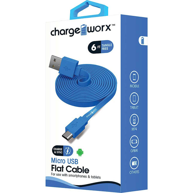 6ft Micro USB Flat Sync & Charge Cable, Blue