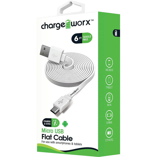 6ft Micro USB Flat Sync & Charge Cable, White