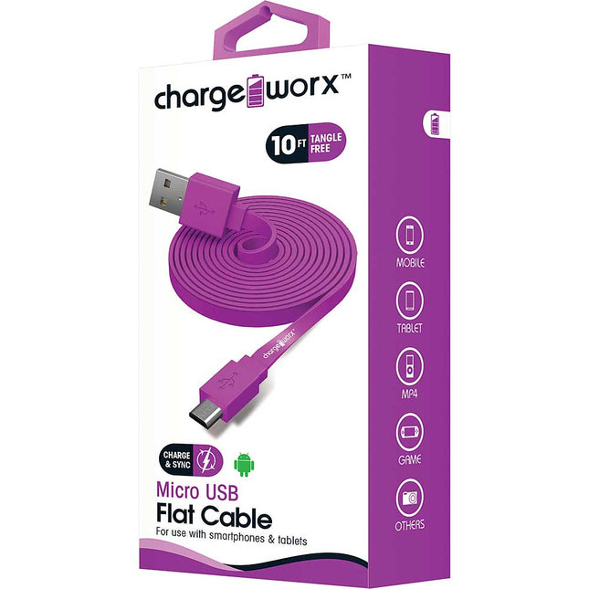 10ft Micro USB Flat Sync & Charge Cable, Violet