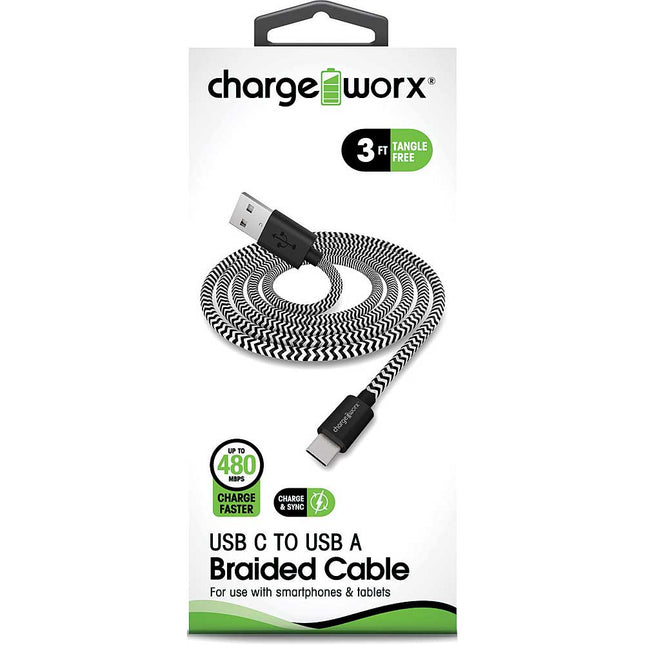 3ft USB-C to USB-A Braided Sync & Charge Cable, Black