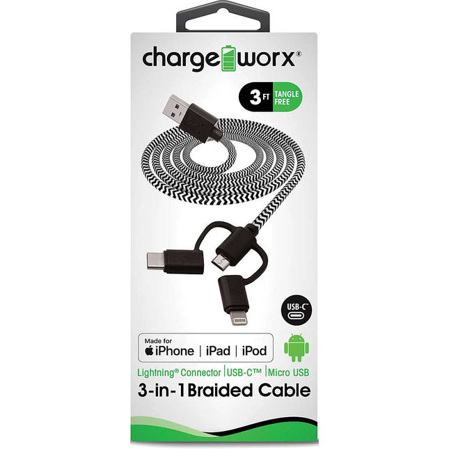 3ft 3-in-1 Braided Sync & Charge Cable, Black