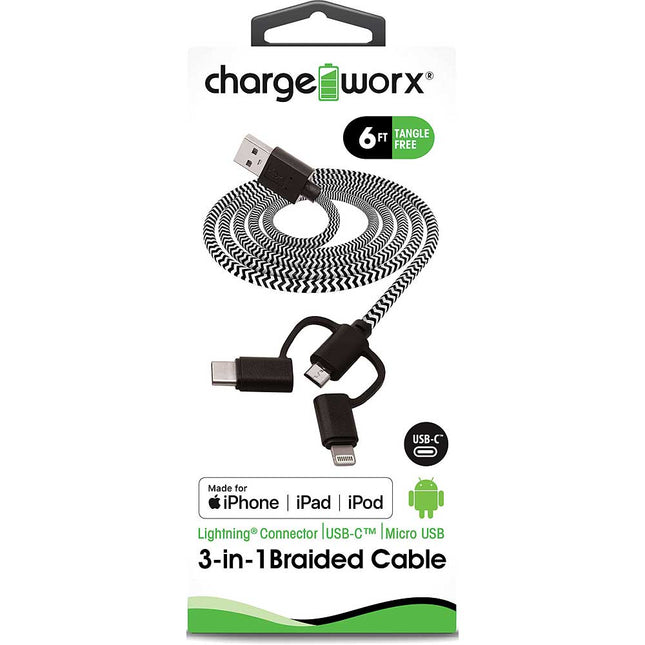 6ft 3-in-1 Braided Sync & Charge Cable, Black