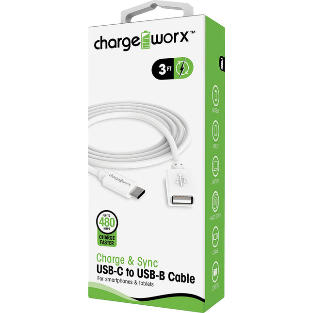 3ft USB-C to USB-B Sync & Charge Cable, White