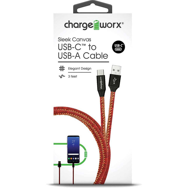 3ft Sleek Canvas USB-C to USB-A Cable, Red