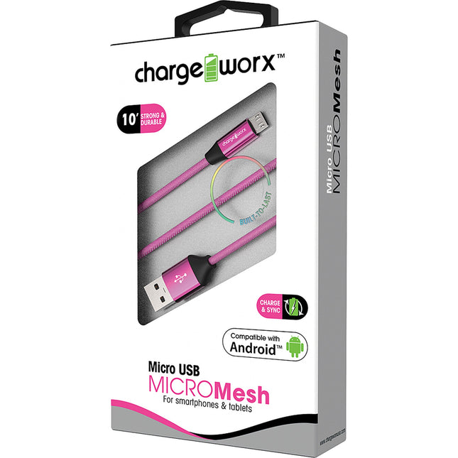 MICRO Mesh 10ft Micro USB  Sync & Charge Cable, Pink