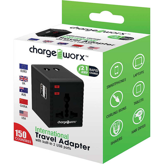 Dual USB International Travel Adaptor, Black