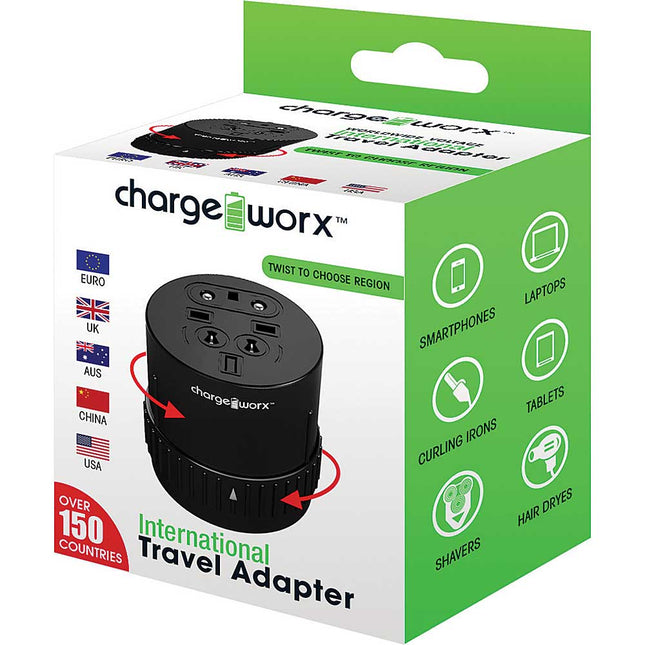 International Travel Adapter twist to choose region design Worldwide Voltage, Black