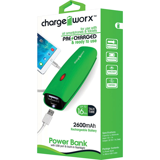 2600mAh Power Bank with built-in flashlight, Green