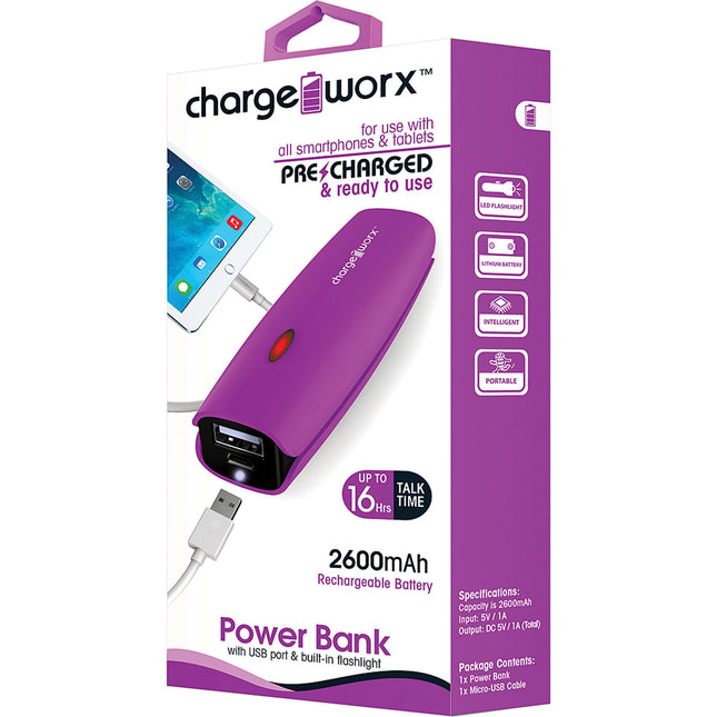 2600mAh Power Bank with built-in flashlight, Violet