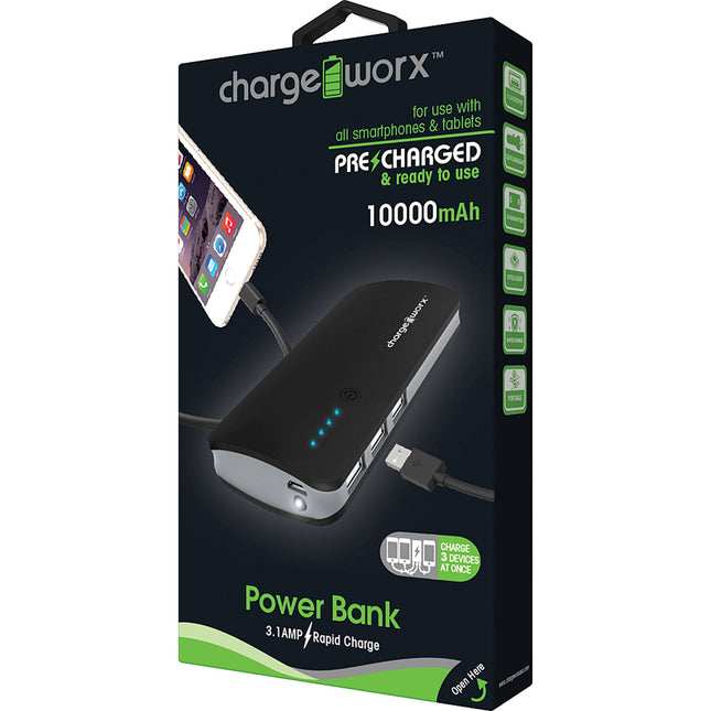 10000mAh Premium Power Bank with built-in triple USB connection, Black