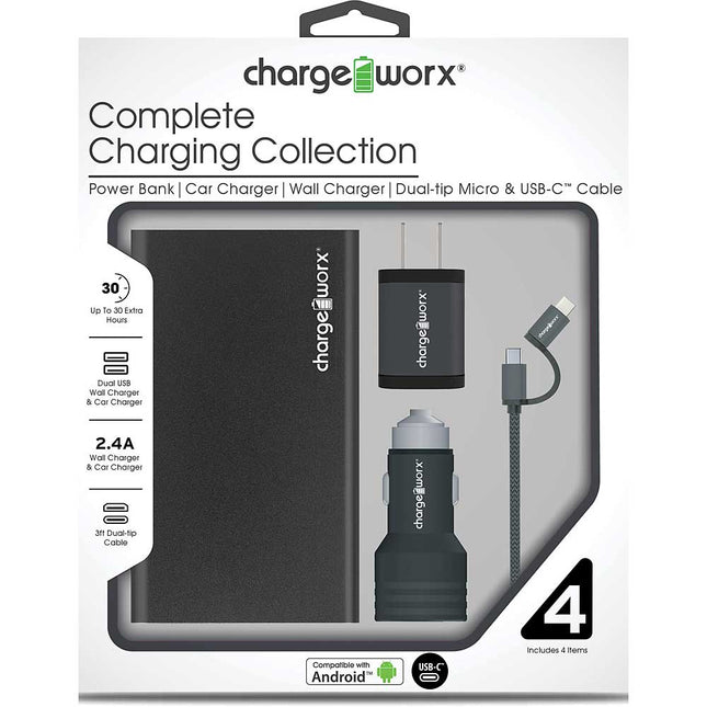 Metallic Complete Charging Collection w/Micro USB & USB-C Cable, Black