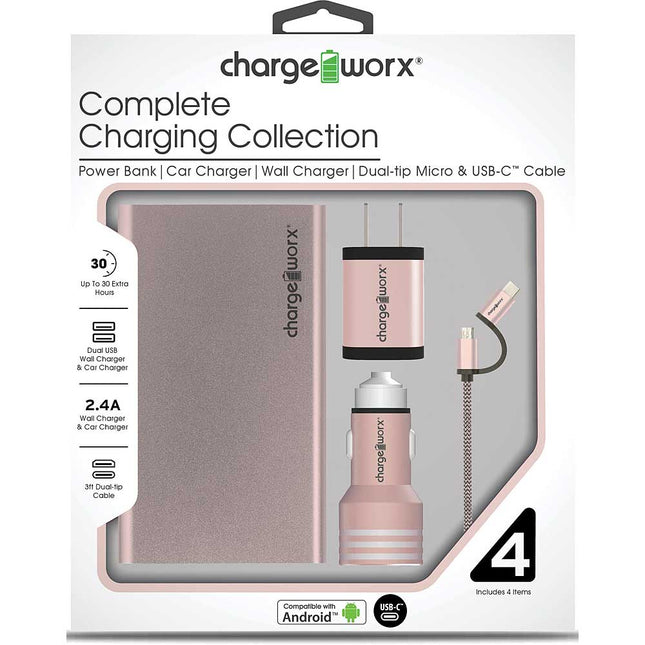 Metallic Complete Charging Collection w/Micro USB & USB-C Cable, Rose Gold