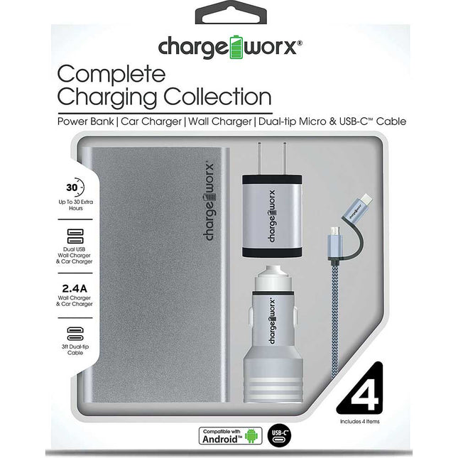 Metallic Complete Charging Collection w/Micro USB & USB-C Cable, Silver