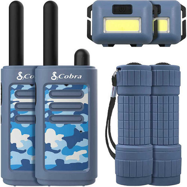 16-Mile Compact Two-Way Radio/Walkie Talkie with LED Flashlight & Headlamp Bundle, Blue