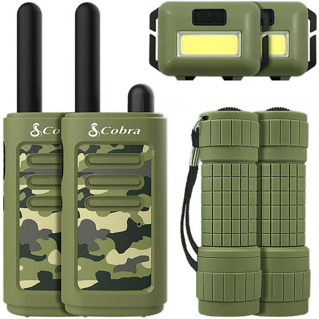 16-Mile Compact Two-Way Radio/Walkie Talkie with LED Flashlight & Headlamp Bundle, Blue