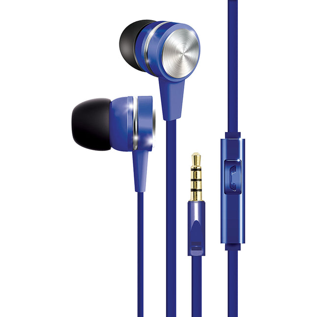 Tangle-Free Fabric Cable Metal Stereo Earbuds, Blue