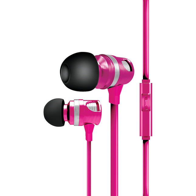 Tangle-Free Flat Cable Metal Stereo Earbuds, Pink