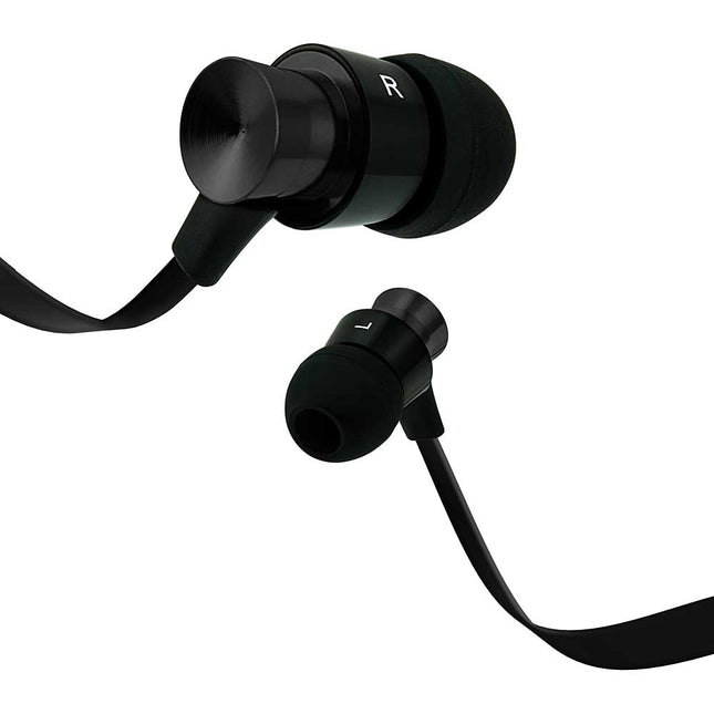 Aluminum Tangle Free Stereo Earbuds w/Mic, Black