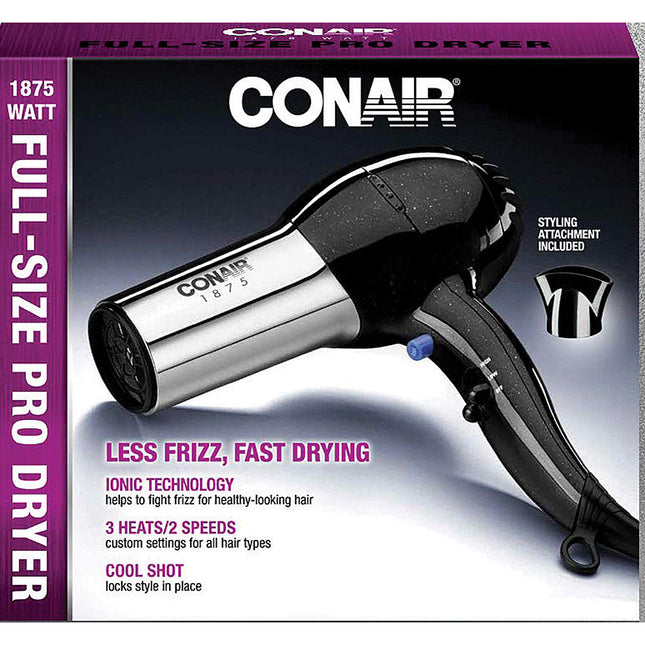 1875 Watt Full Size Pro Hair Dryer with Ionic Conditioning , Black / Chrome